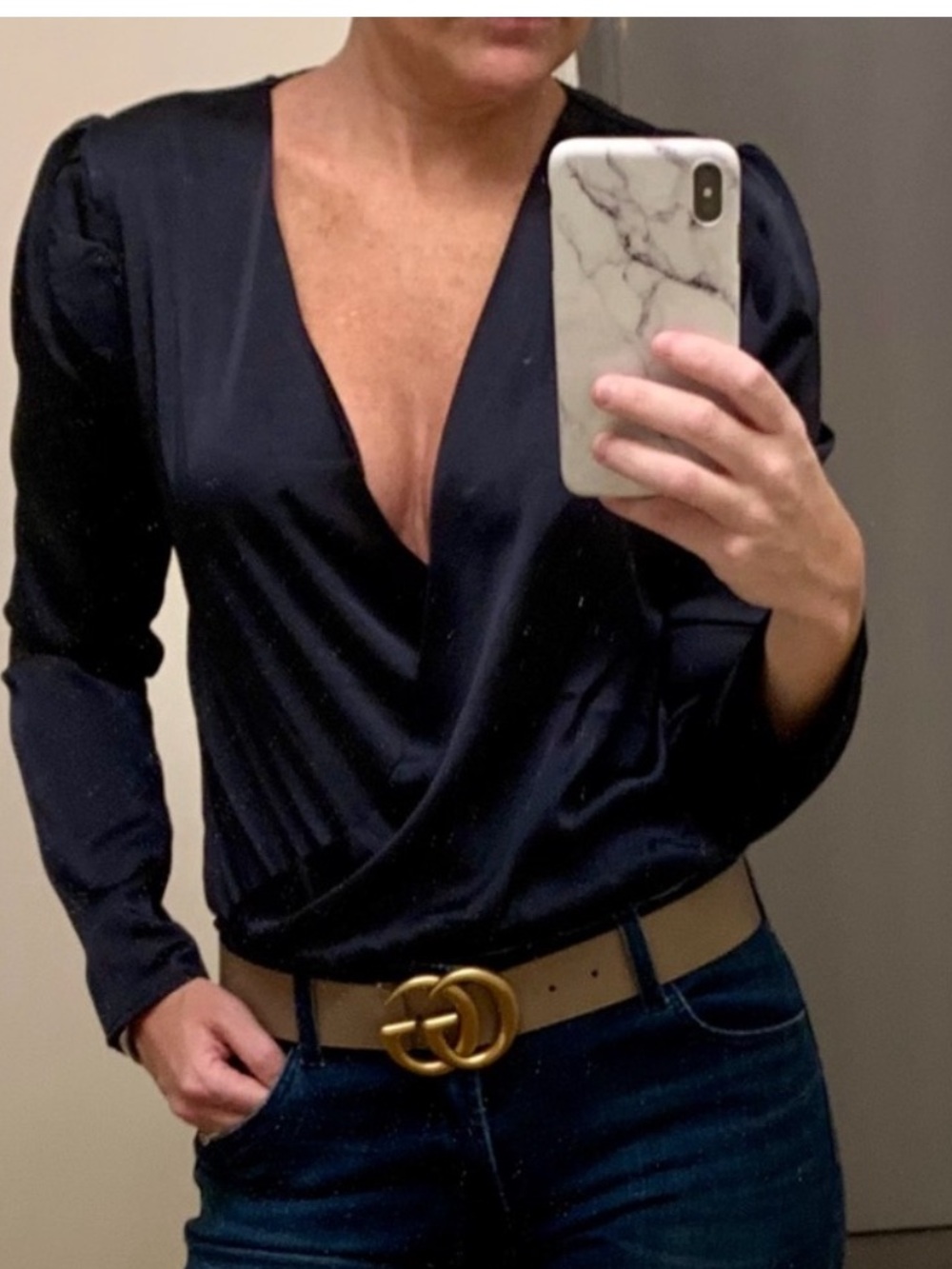 Women’s Navy Satin Wrap-Style Long Sleeve Bodysuit